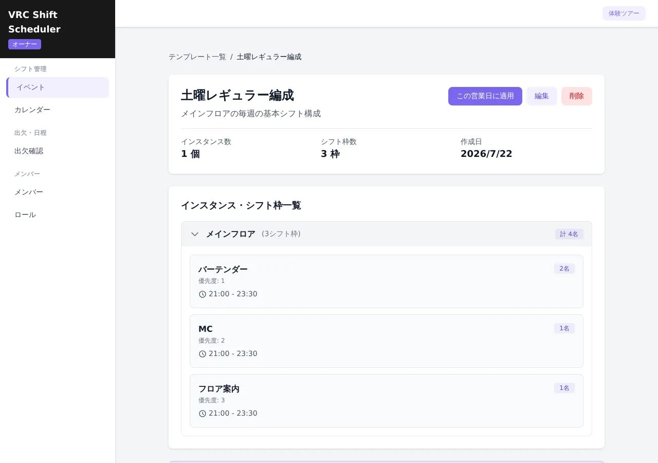 VRChatイベントのシフトテンプレート画面:バーテンダー2名・MC1名・フロア案内1名の枠構成を保存した様子